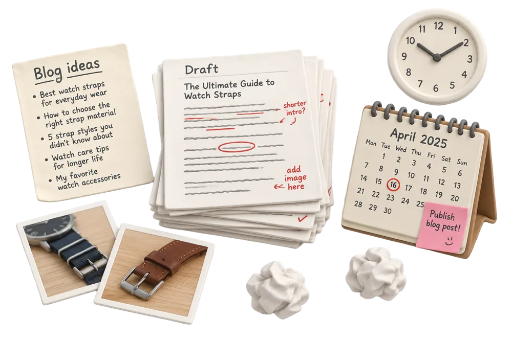 A pile of blog ideas, draft pages, photos, a clock and a calendar